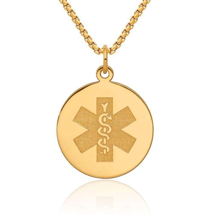 14K Solid Yellow Gold Non Enameled Medical Alert Necklace Chain Pendant Charm