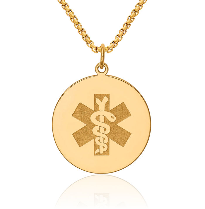 14K Solid Yellow Gold Non Enameled Medical Alert Necklace Chain Pendant Charm