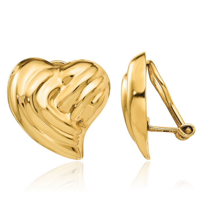 14K Solid Yellow Gold Non Pierced Clip On Heart Stud Earrings