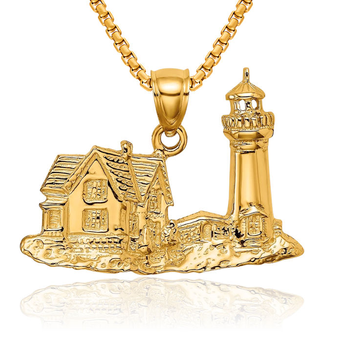 14K Solid Yellow Gold Nubble Lighthouse Necklace Chain Pendant Charm