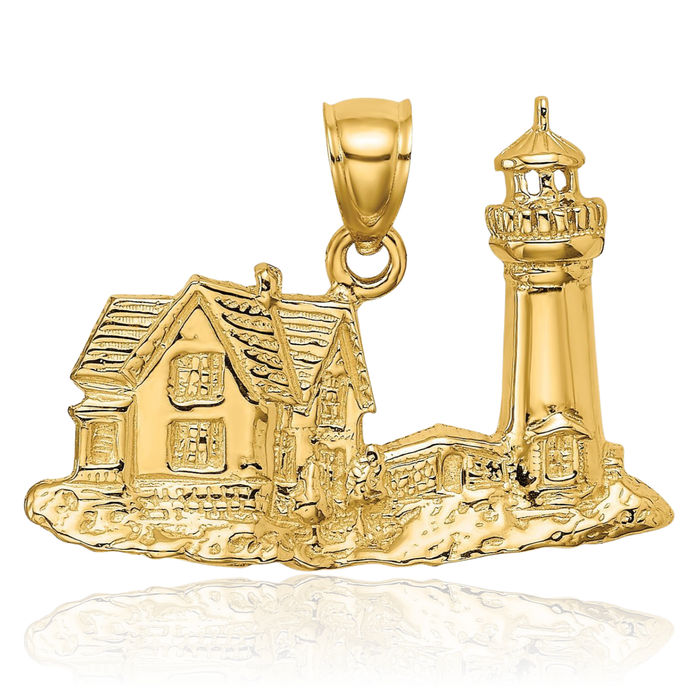 14K Solid Yellow Gold Nubble Lighthouse Necklace Chain Pendant Charm