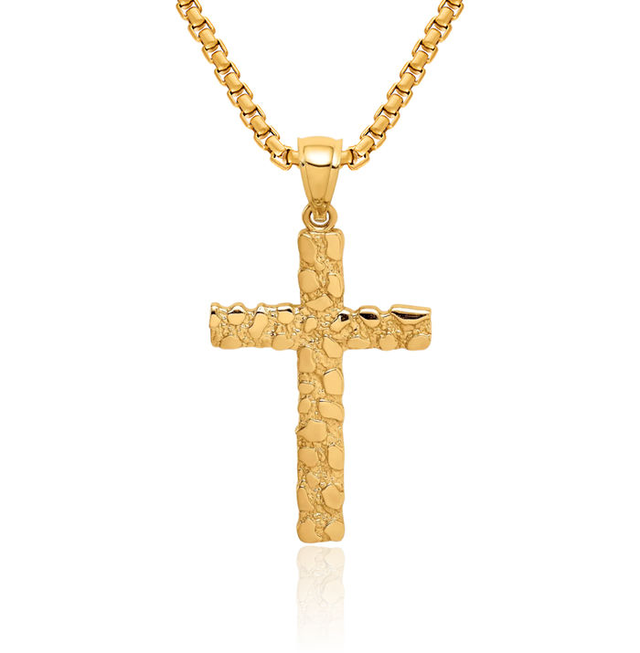 14K Solid Yellow Gold Chunky Nugget Latin Mexican Holy Cross Necklace Religious Chain Pendant Jesus Christ Charm