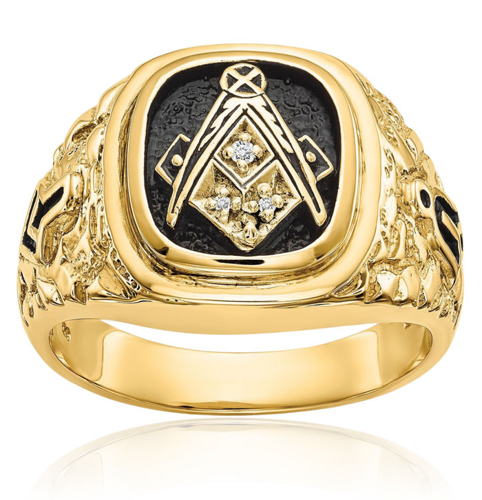 14K Solid Yellow Gold Vintage Chunky Nugget Diamond Master Mason Signet Freemason Masonic Ring