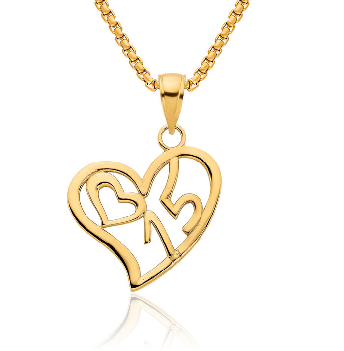 14K Solid Yellow Gold Number 15 Heart Necklace Love Pendant Charm