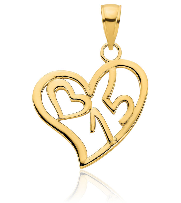 14K Solid Yellow Gold Number 15 Heart Necklace Love Pendant Charm