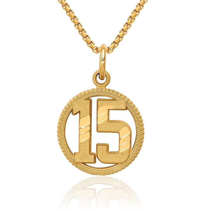 14K Solid Yellow Gold Number 15 Circle Round Necklace Chain Pendant Charm