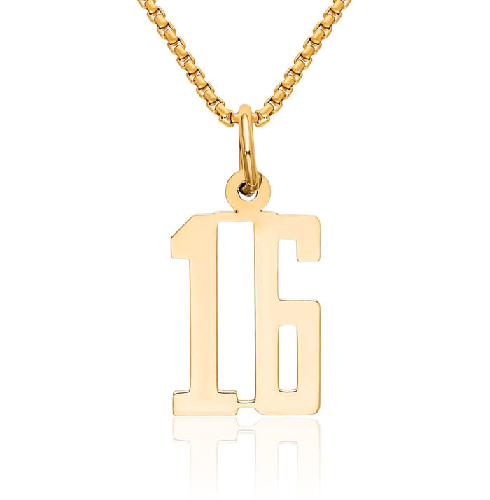 14K Solid Yellow Gold Number 16 Necklace Chain Pendant Charm