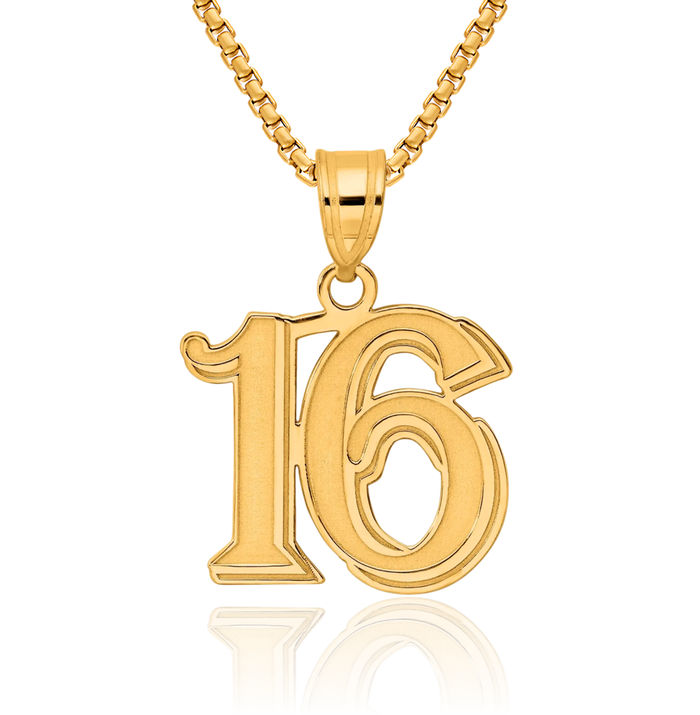 14K Solid Yellow Gold Number 16 Necklace Chain Pendant Charm