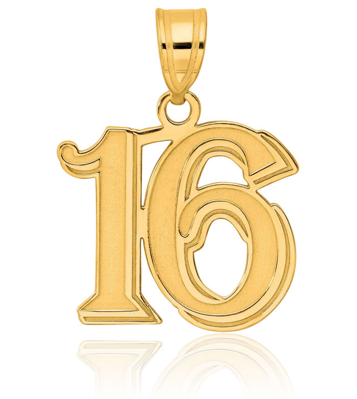 14K Solid Yellow Gold Number 16 Necklace Chain Pendant Charm