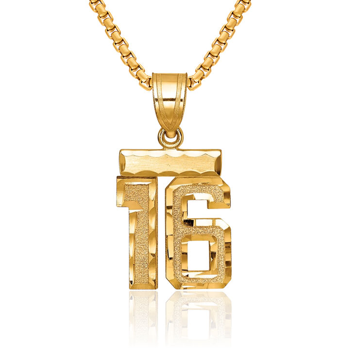 14K Solid Yellow Gold Number 16 Necklace Chain Pendant Charm