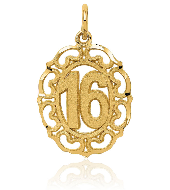 14K Solid Yellow Gold Number 16 Oval Circle Round Necklace Chain Pendant Charm