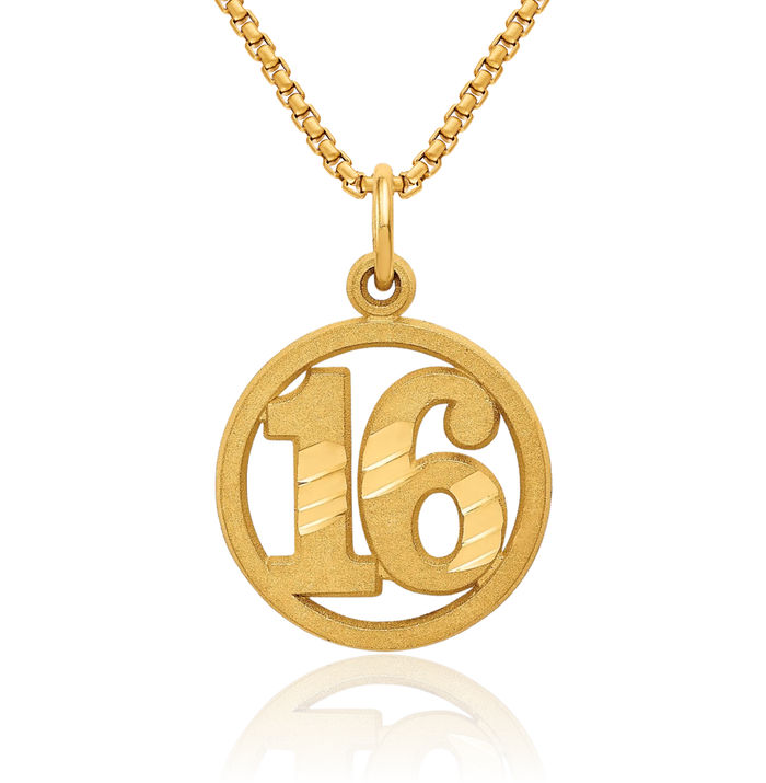 14K Solid Yellow Gold Number 16 Circle Round Necklace Chain Pendant Charm