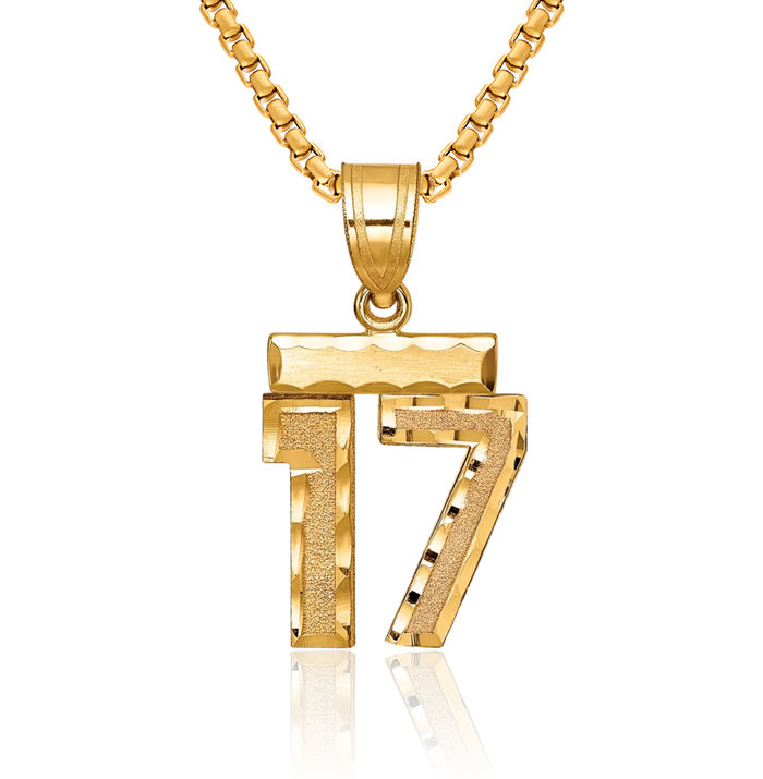 14K Solid Yellow Gold Number 17 Necklace Chain Pendant Charm