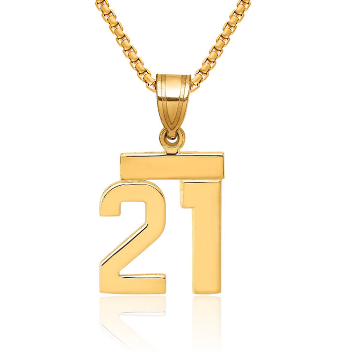 14K Solid Yellow Gold Number 21 Necklace Chain Pendant Charm