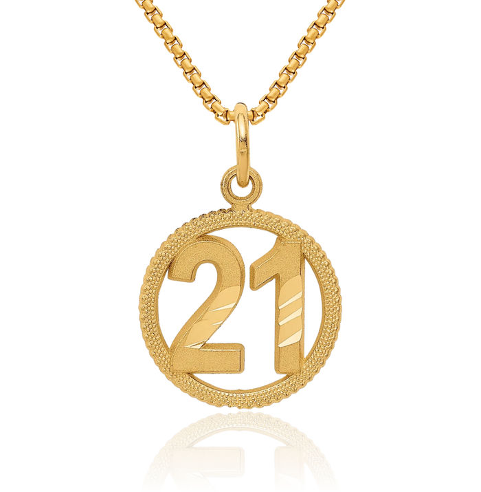 14K Solid Yellow Gold Number 21 Circle Round Necklace Chain Pendant Charm