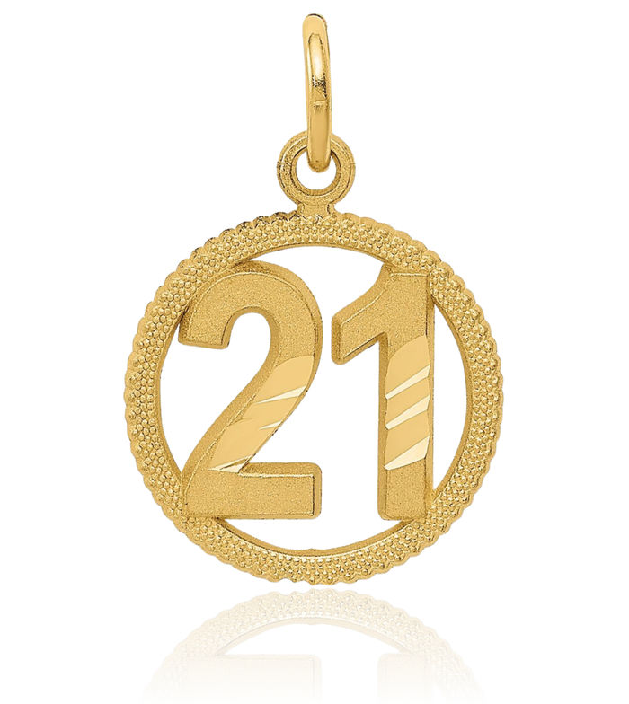 14K Solid Yellow Gold Number 21 Circle Round Necklace Chain Pendant Charm