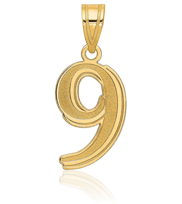 14K Solid Yellow Gold Number 9 Pendant Necklace