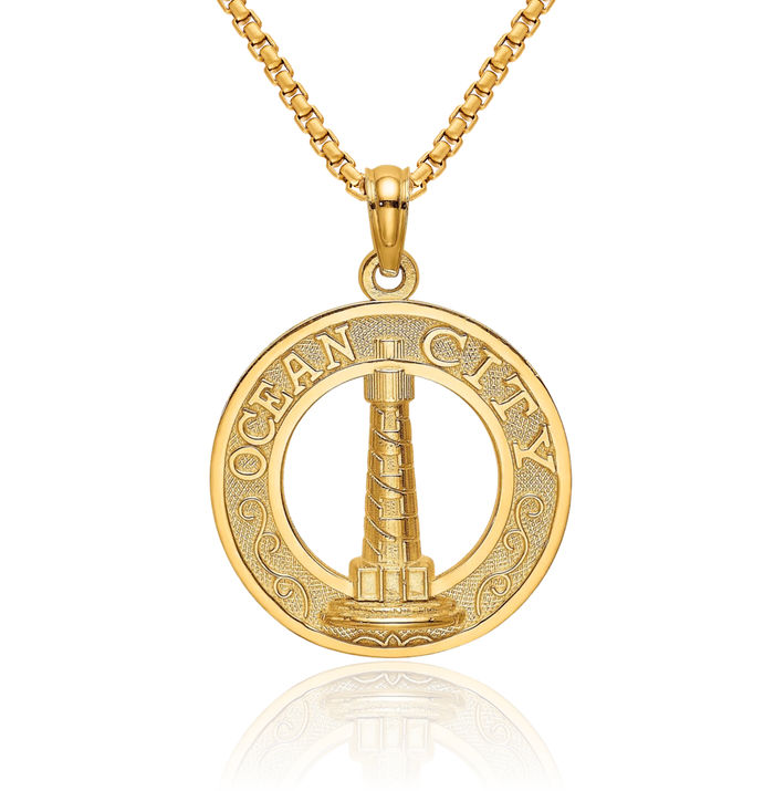 14K Solid Yellow Gold Ocean City Lighthouse Necklace Chain Pendant Charm