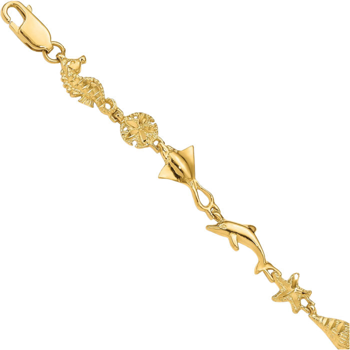14K Solid Yellow Gold Ocean Motif Chain Charm Bracelet