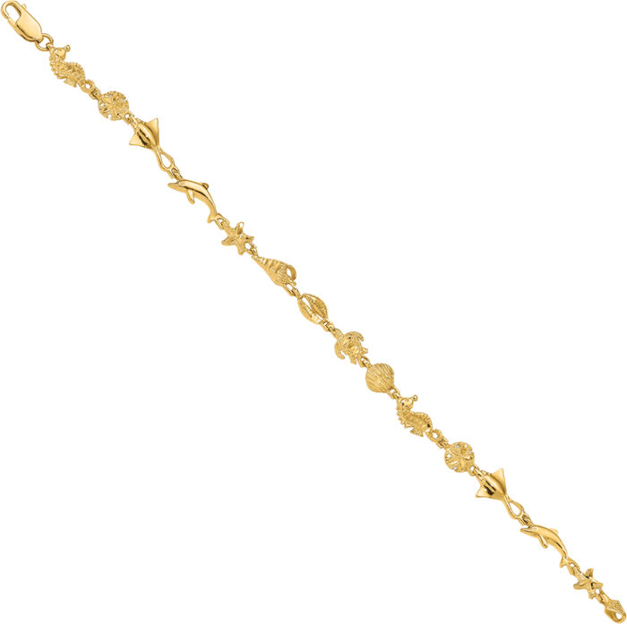 14K Solid Yellow Gold Ocean Motif Chain Charm Bracelet