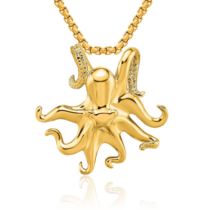 14K Solid Yellow Gold Octopus Slide Necklace Chain Pendant Charm