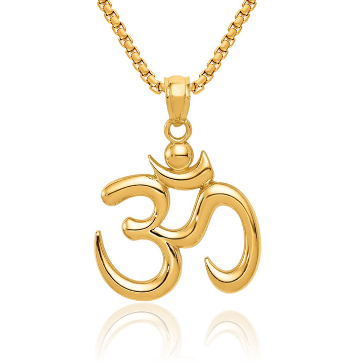 14K Solid Yellow Gold Om Symbol Necklace Yoga Charm Aum Chain Pendant Ohm Buddha Spiritual Jewelry