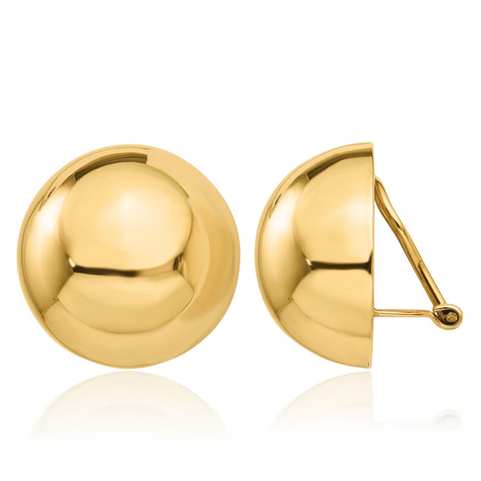 14K Solid Yellow Gold Omega Clip 20mm Half Ball Non Pierced On Stud Earrings