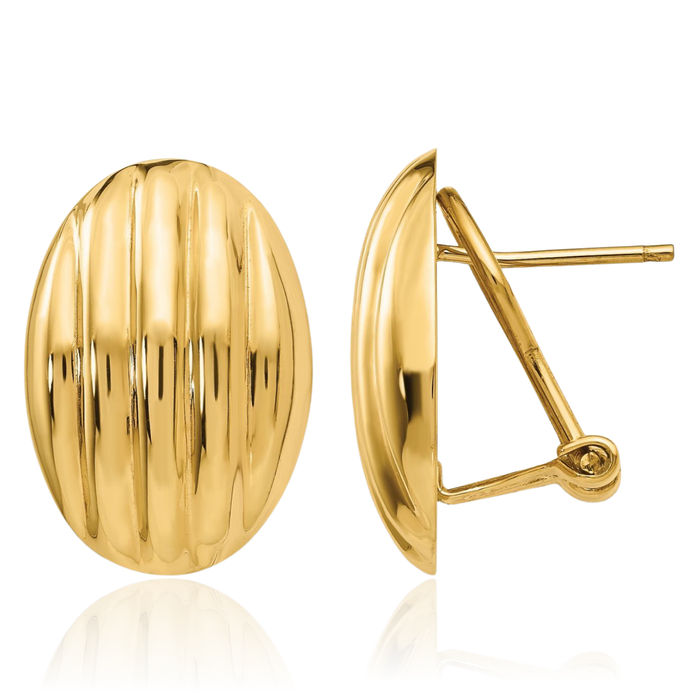 14K Solid Yellow Gold Omega Clip Back Post Stud Earrings