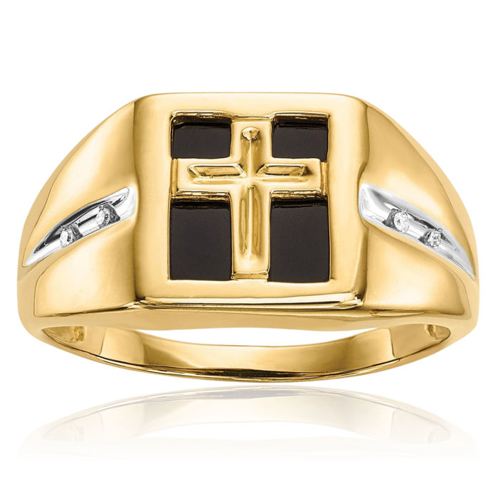 14K Solid Yellow Gold Black Onyx Diamond Holy Cross Mens Ring Christian Religious Band