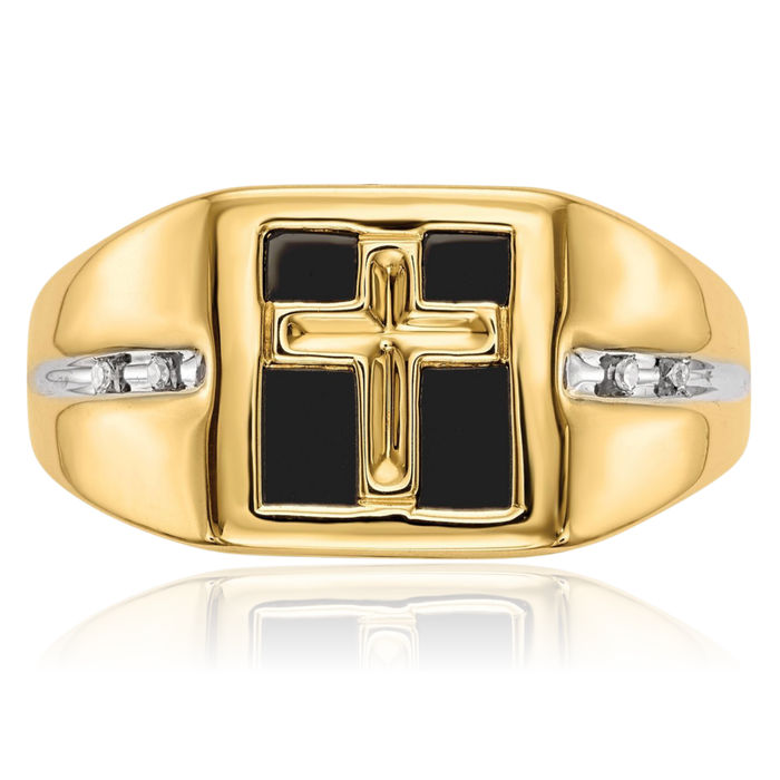 14K Solid Yellow Gold Natural Black Onyx Diamond Accent Cross