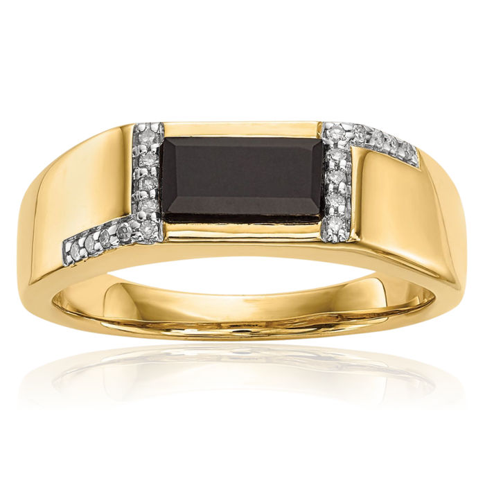 14K Solid Yellow Gold Black Onyx Diamond Mens Ring Gemstone Band