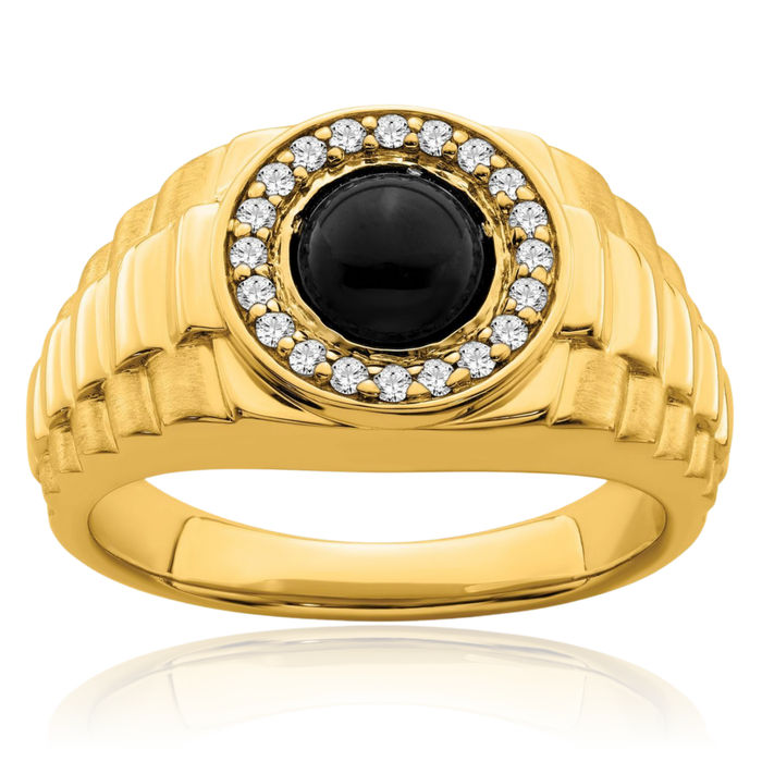 14K Solid Yellow Gold Black Onyx Diamond Mens Ring Gemstone Band