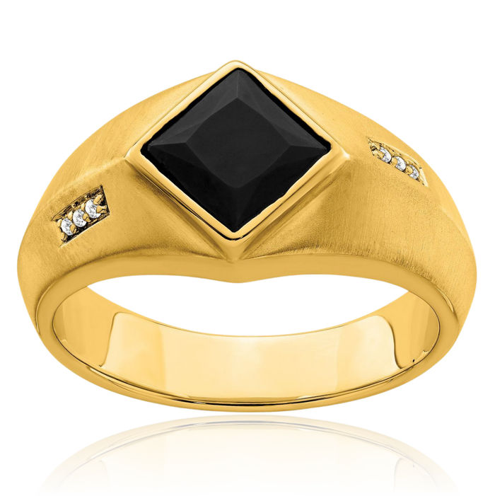 14K Solid Yellow Gold Black Onyx Diamond Mens Ring Gemstone Band