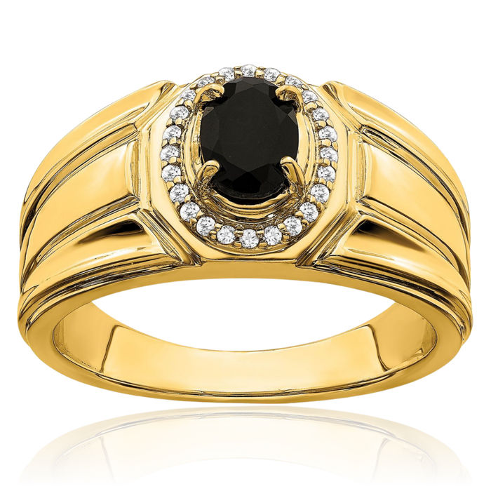 14K Solid Yellow Gold Black Onyx Diamond Mens Ring Gemstone Band