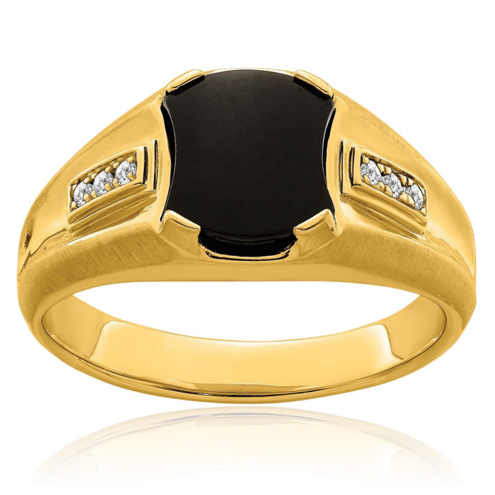 14K Solid Yellow Gold Black Onyx Diamond Mens Ring