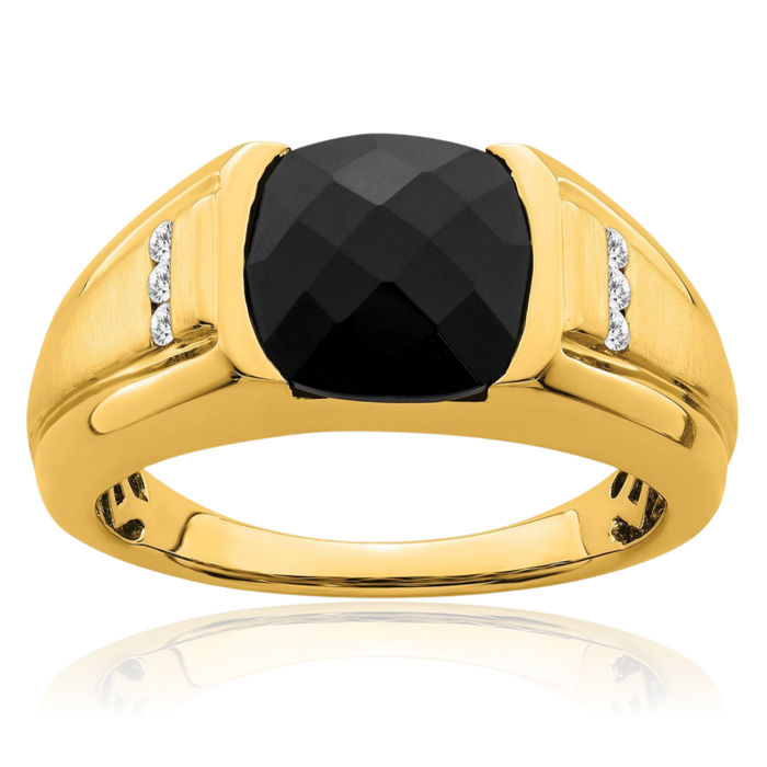 14K Solid Yellow Gold Black Onyx Diamond Mens Ring