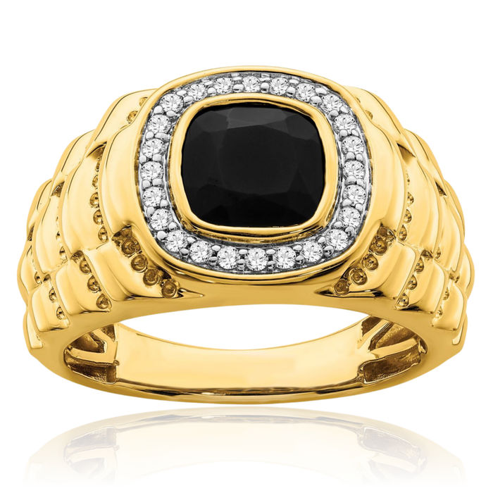 14K Solid Yellow Gold Black Onyx Diamond Mens Ring