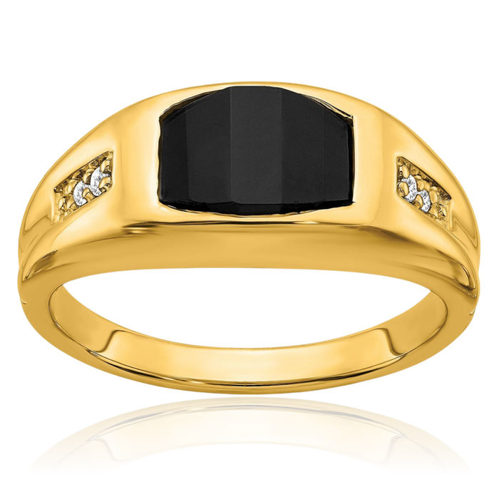 14K Solid Yellow Gold Black Onyx Diamond Mens Ring Gemstone Band