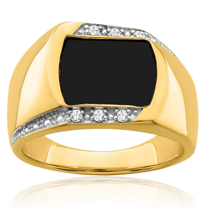 14K Solid Yellow Gold Black Onyx Diamond Mens Ring Gemstone Band