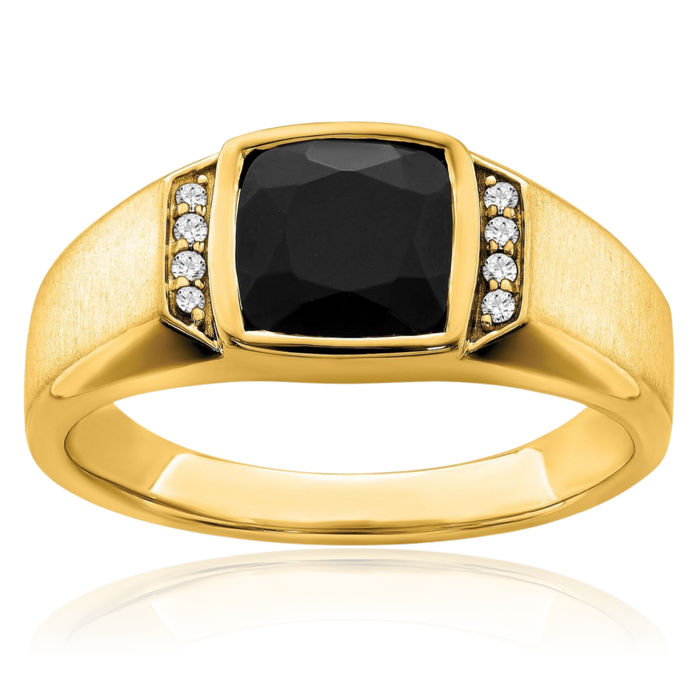 14K Solid Yellow Gold Black Onyx Diamond Mens Ring