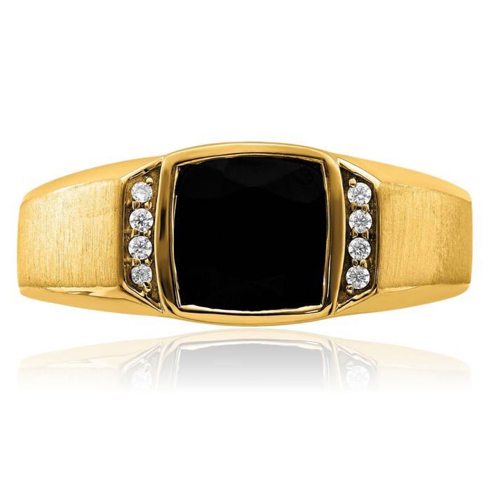 14K Solid Yellow Gold Black Onyx Diamond Mens Ring