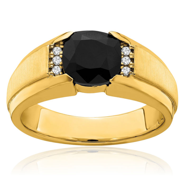 14K Solid Yellow Gold Black Onyx Diamond Mens Ring