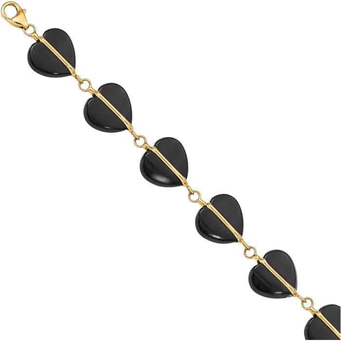14K Solid Yellow Gold Black Onyx Heart Chain Tennis Charm Bracelet