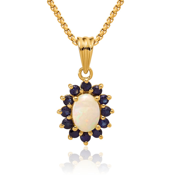 14K Solid Yellow Gold Opal Blue Sapphire Necklace Gemstone Pendant Charm