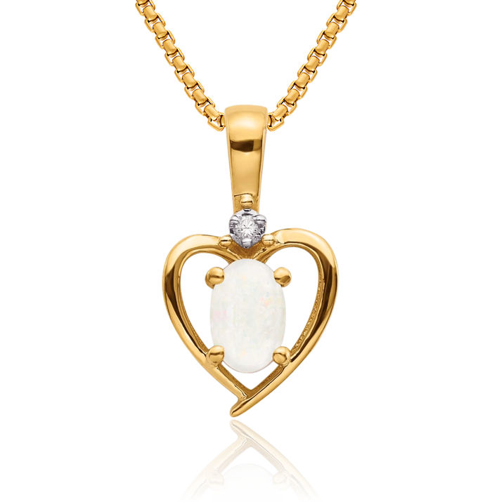 14K Solid Yellow Gold Opal Diamond Heart Necklace Gemstone Pendant Charm April October Birthstone Jewelry