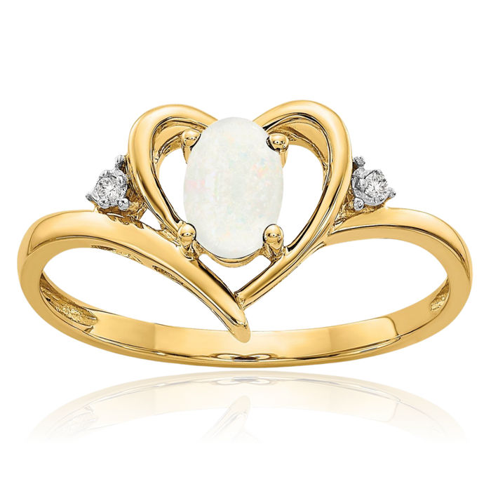 14K Solid Yellow Gold Opal Diamond Heart Ring Gemstone Love Band October Birthstone Jewelry