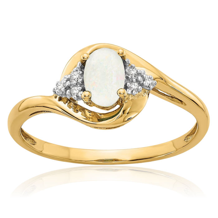 14K Solid Yellow Gold Opal Diamond Ring Gemstone Band October Birthstone Jewelry