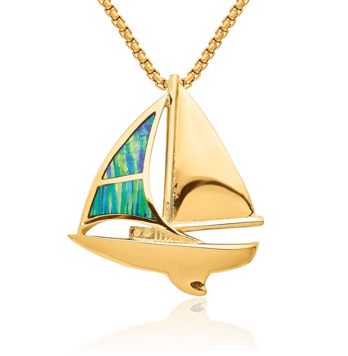 14K Solid Yellow Gold Opal Sailboat Slide Necklace Chain Pendant Charm