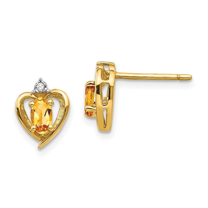 14K Solid Yellow Gold Orange Citrine Diamond Heart Stud Earrings November Birthstone Jewelry