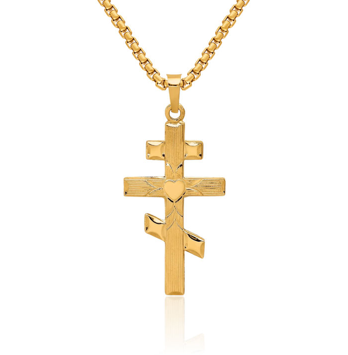 14K Solid Yellow Gold Eastern Russian Orthodox Holy Cross Heart Necklace Religious Chain Pendant Jesus Christ Charm